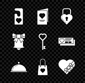 istock Set Please do not disturb with heart, Valentines day party flyer, Castle the shape of, Covered tray food, Shopping bag, Candy shaped box and bow, Ringing bell and Key icon. Vector 1357326166