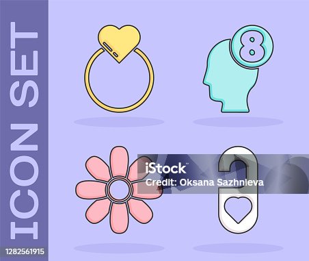 istock Set Please do not disturb with heart, Wedding rings, Flower and 8 March in human head icon. Vector 1282561915