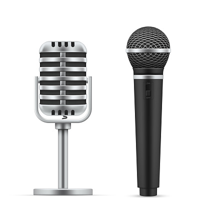 Set realistic microphones vector illustration. Professional or amateur music studio sound equipment
