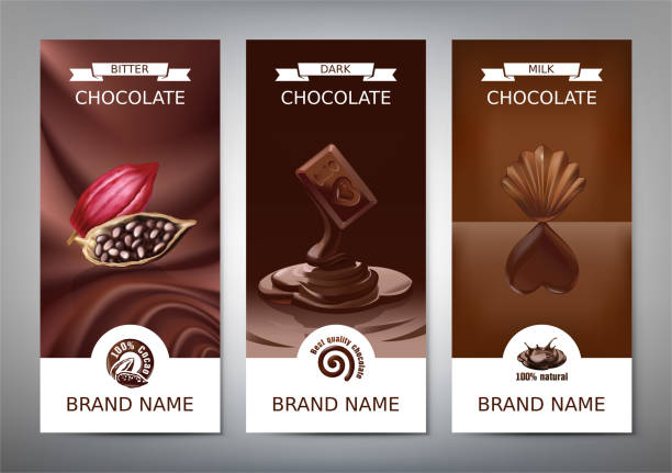 Set realistic vector vertical banners with milk, dark and bitter chocolate Set realistic vector vertical banners with milk, dark and bitter chocolate. Template, design element for packaging with melted chocolate, a slice of chocolate bars, cocoa beans and chocolate candy chocolate designs stock illustrations
