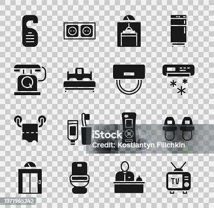 istock Set Retro tv, Hotel slippers, Air conditioner, Lift, Bedroom, Telephone handset, Please do not disturb and Bellboy hat icon. Vector 1371965242