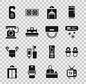 istock Set Retro tv, Hotel slippers, Air conditioner, Lift, Bedroom, Telephone handset, Please do not disturb and Bellboy hat icon. Vector 1371965242