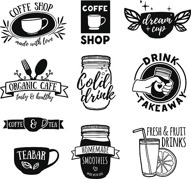 Set retro vintage logos for coffee shop, tea bar. Set retro vintage logos for coffee shop, tea bar. Logos with juice, smoothies and a cup of tea. Symbol, label, badge for store with drinks. Silhouettes of utensils for the cafe. Vector illustration smoothie silhouettes stock illustrations