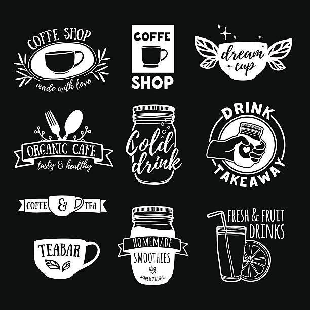 Set retro vintage logos for coffee shop, tea bar. Set retro vintage logos for coffee shop, tea bar. Logos with juice, smoothies and a cup of tea. Symbol, label, badge for store with drinks. Silhouettes of utensils for the cafe. Vector smoothie silhouettes stock illustrations