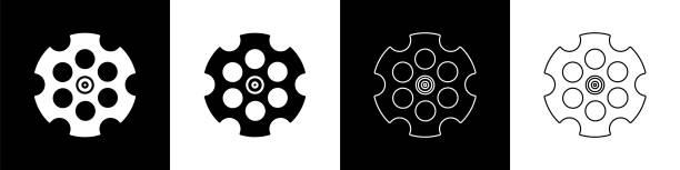 ustaw ikonę cylindra rewolweru izolowane na czarno-białym tle. ilustracja wektorowa - gun stock illustrations