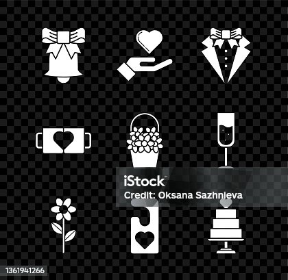 istock Set Ringing bell, Heart on hand, Suit, Flower, Please do not disturb with heart, Wedding cake, Two coffee cup and Flowers basket icon. Vector 1361941266