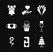 istock Set Ringing bell, Heart on hand, Suit, Flower, Please do not disturb with heart, Wedding cake, Two coffee cup and Flowers basket icon. Vector 1361941266