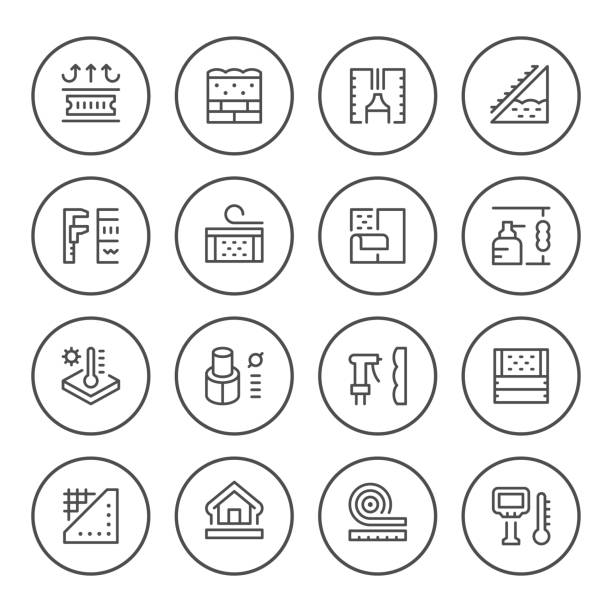 runde setzleitung ikonen der isolierung - dachdämmung stock-grafiken, -clipart, -cartoons und -symbole