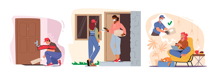 Set Safe Delivery Service Concept. Courier Characters Delivering Grocery and Post Parcels Order to Home of Customer with Mask and Gloves During Coronavirus Pandemic. Cartoon People Vector Illustration