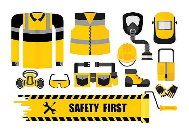 set safety first Set of work wear and safety equipment. Uniform, protectiv clothes, tools for worker, builder, constructor on industrial plant. Cartoon flat vector illustration. Objects isolated on a white background. safety equipment stock illustrations