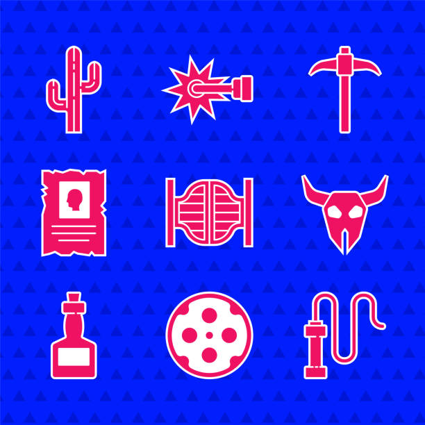 set saloon door, revolver cylinder, leather whip, buffalo skull, tabasco sauce, wanted western poster, pickaxe and cactus icon. vector - buffalo shooting stock illustrations