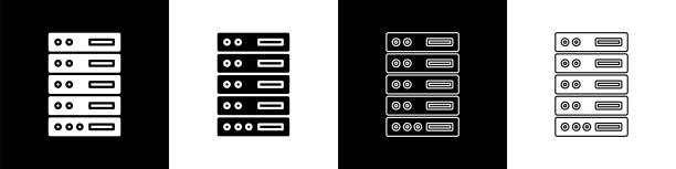 서버, 데이터, 흑백 배경에서 격리된 웹 호스팅 아이콘을 설정합니다. 벡터 일러스트레이션 - data center stock illustrations