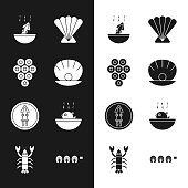 Set Shell with pearl Caviar Soup octopus Scallop sea shell Octopus on plate Puffer fish soup Grilled steak and Lobster icon. Vector.