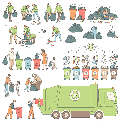 Set sorting and recycling waste. People volunteers clean environment from trash. Vector illustration of solving environmental problems.