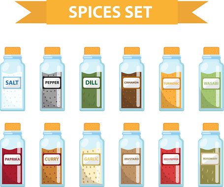 Set spices in jars, flat style. Set  spices, herbs