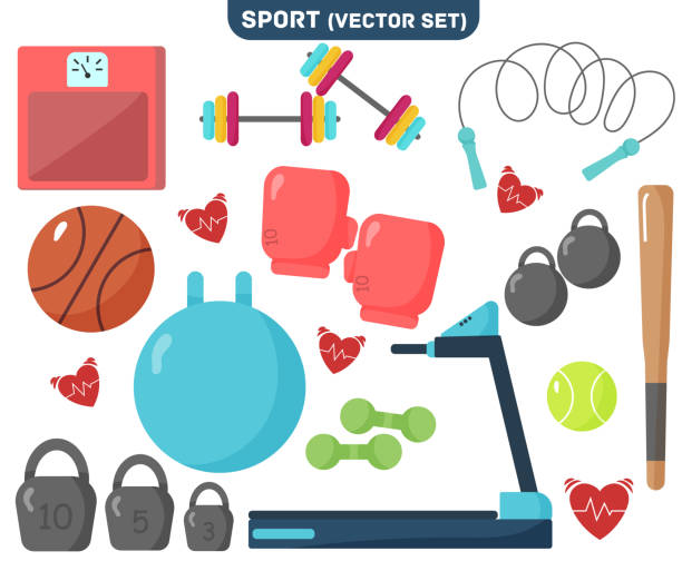 Set sports equipment. Sports Equipment on white background.Equipment for sports and physical activity.Set of Flat Items.Sticker with treadmill, kettlebell, ball, jump rope, scales, bat.Modern vector illustration, EPS 10. pink soccer balls stock illustrations