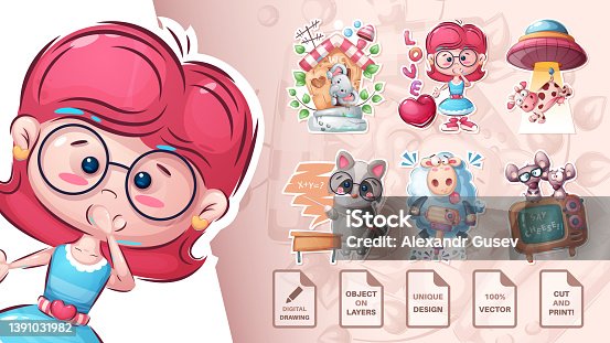 istock Set sticker - elephant, girl, cow, raccoon, lamb, mose 1391031982