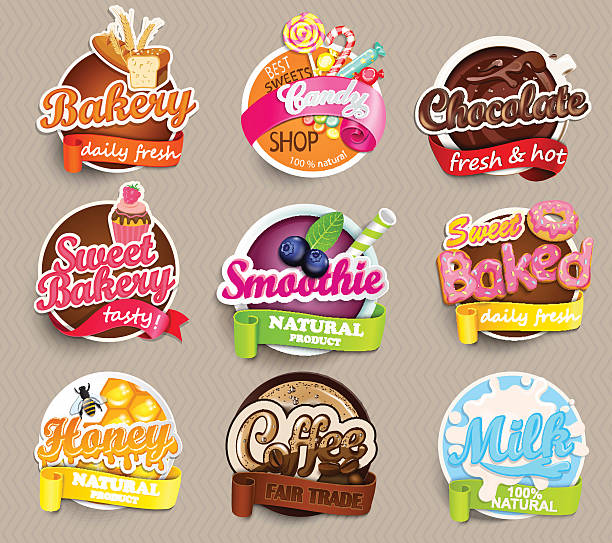 stockillustraties, clipart, cartoons en iconen met set stickers of food. - chocoladeletter