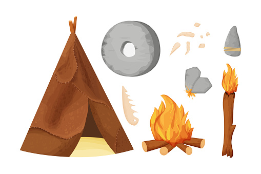Set stone age campfire, torch and sharpen stones for fire, leather primitive hut, stone wheel isolated on white background stock vector illustration. Collection of ancient, antique tools of caveman. Vector illustration