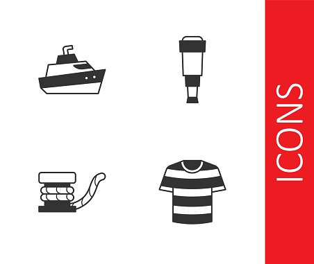 Set Striped sailor t-shirt Speedboat Marine bollard with rope and Spyglass telescope lens icon. Vector.