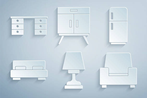 Set Table lamp, Refrigerator, Big bed, Armchair, Chest of drawers and Office desk icon. Vector Set Table lamp Refrigerator Big bed Armchair Chest of drawers and Office desk icon. Vector. chest freezer stock illustrations