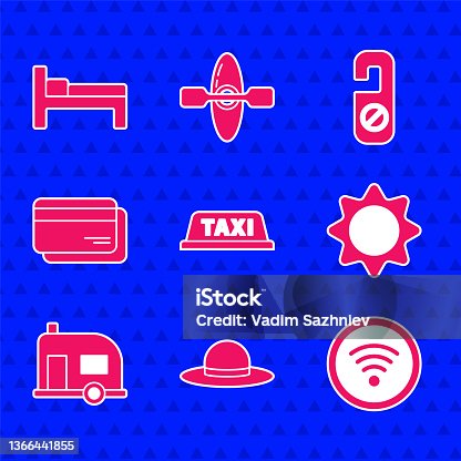 istock Set Taxi car roof, Elegant women hat, Wi-Fi wireless internet network, Sun, Rv Camping trailer, Credit card, Please do not disturb and Bed icon. Vector 1366441855