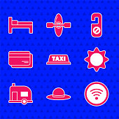 istock Set Taxi car roof, Elegant women hat, Wi-Fi wireless internet network, Sun, Rv Camping trailer, Credit card, Please do not disturb and Bed icon. Vector 1366441855