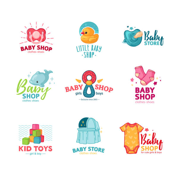 ustaw projekt templae projekt projektowania kolor dla sklepu dla niemowląt. symbol, etykieta i plakietka dla dzieci sklep z elementem noworodka rzeczy. wektor. - baby formula stock illustrations