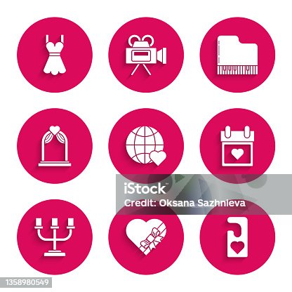 istock Set The heart world love, Candy in shaped box and bow, Please do not disturb with, Calendar, Candlestick, Wedding arch, Grand piano and Woman dress icon. Vector 1358980549