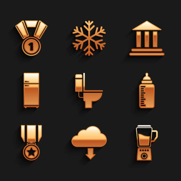 Set Toilet bowl, Cloud download, Blender, Baby bottle, Medal with star and Refrigerator icon. Vector Set Toilet bowl Cloud download Blender Baby bottle Medal with star and Refrigerator icon. Vector. chest freezer stock illustrations