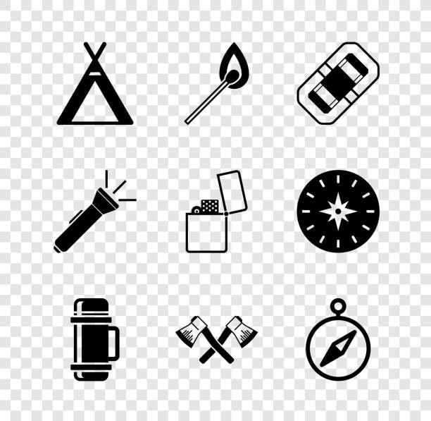 Set Tourist tent, Burning match with fire, Rafting boat, Thermos container, Crossed wooden axe, Compass, Flashlight and Lighter icon. Vector Set Tourist tent Burning match with fire Rafting boat Thermos container Crossed wooden axe Compass Flashlight and Lighter icon. Vector. river clipart stock illustrations