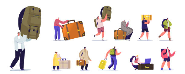 stockillustraties, clipart, cartoons en iconen met stel toeristen karakters met bagage. mensen gaan op zomervakantie met tassen, reizen op resort met koffer - packing suitcase