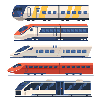 Set Train, Tram and Metro Side View, Subway Locomotive on Rails, Modern Commuter City Transport, Railway Vehicle Modes