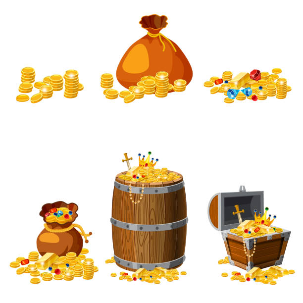 Set Treasure, gold, coins, bars, jewels, crown, sword, chest, barrel, vector, isolated, cartoon style, for games, apps, white background Set Treasure, gold, coins, bars jewels crown sword chest barrel sword beach stock illustrations