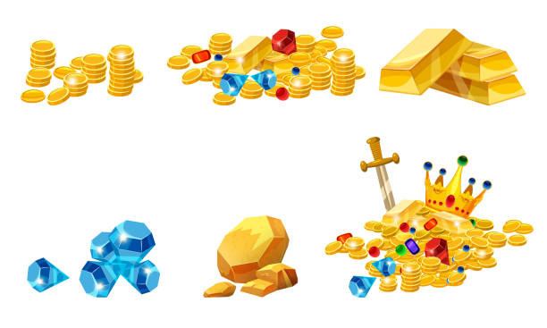 Set Treasure, gold, coins, rock gold nugget, bars, jewels, crown, vector, isolated, cartoon style, for games, apps, white background Set Treasure, gold, coins, rock gold nugget bars jewels crown antiquities stock illustrations