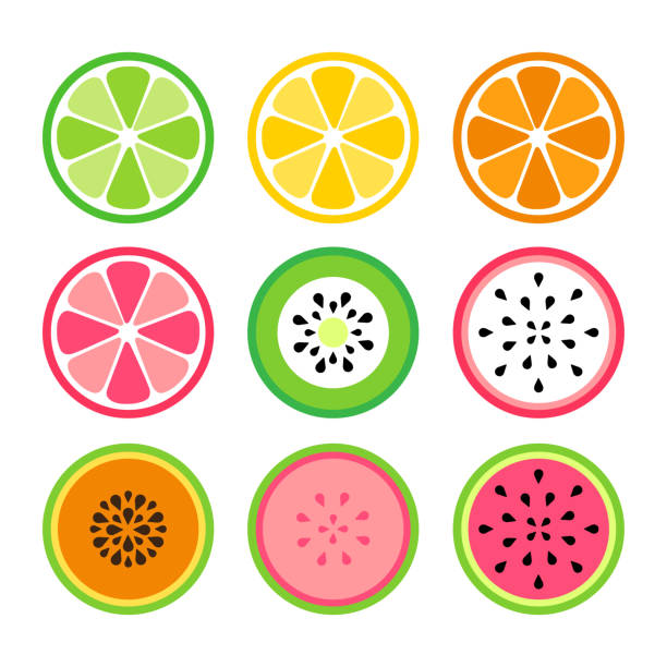 ilustrações, clipart, desenhos animados e ícones de definir fatias de frutas tropicais, melancia, laranja, limão, fruto do dragão, mamão, limão, toranja e kiwi, ícones vetores - doce de goiaba