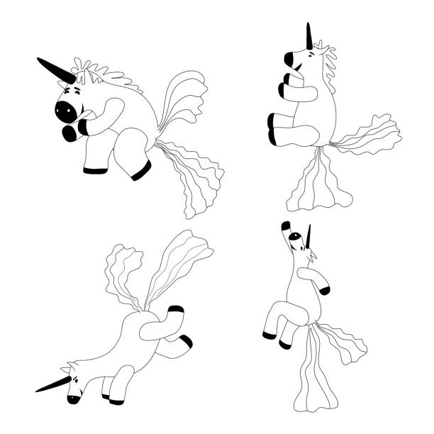 bildbanksillustrationer, clip art samt tecknat material och ikoner med ställ unicorns leende bajsa en regnbåge, fantasy söt karaktär odjuret mångfärgad skit skit skit, lineart. vektorillustration isolerad doodle stil - smiling earth horse