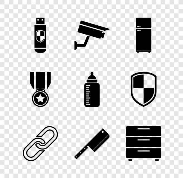 Set USB flash drive and shield, Security camera, Refrigerator, Chain link, Meat chopper and Furniture nightstand icon. Vector Set USB flash drive and shield Security camera Refrigerator Chain link Meat chopper and Furniture nightstand icon. Vector. chest freezer stock illustrations