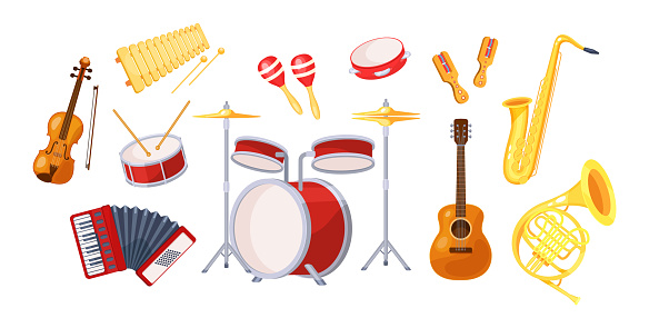 Set various musical metal wood acoustic instruments: violin, tambourine, harp, trombone, bagpipe, saxophone, accordion, guitar, drum, tambourine, synthesizer, bagpipes, maracas, rumba vector