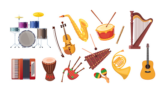 Set various musical metal wood acoustic instruments: violin, tambourine, harp, trombone, bagpipe, saxophone, accordion, guitar, drum, tambourine, synthesizer, bagpipes, maracas, rumba vector