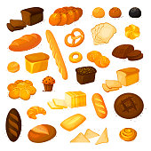 Set vector bread icons. Vector illustration isolated on a white background. Bakery product in cartoon style. Rye, whole grain and wheat bread, pretzel, muffin, pita , ciabatta, croissant, bagel, toast bread, french baguette and so.