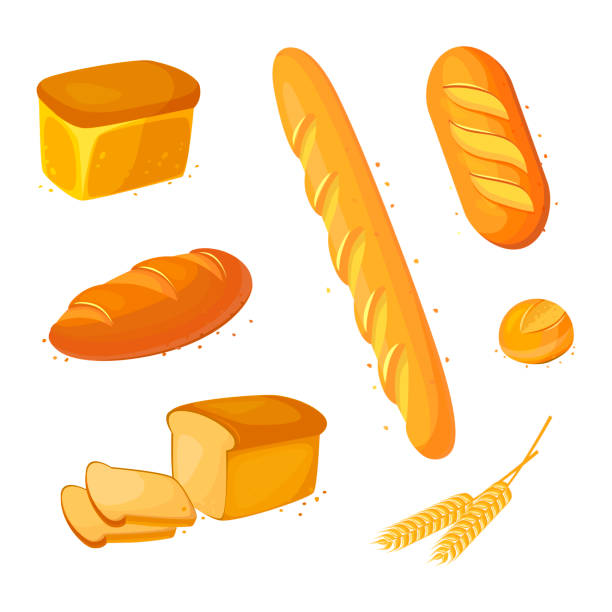 Set vector bread icons. Vector illustration isolated on a white background. Bakery product in cartoon style. Set vector bread icons. Vector illustration isolated on a white background. Bakery product in cartoon style. Baguette, loaf, white bread mary mara stock illustrations