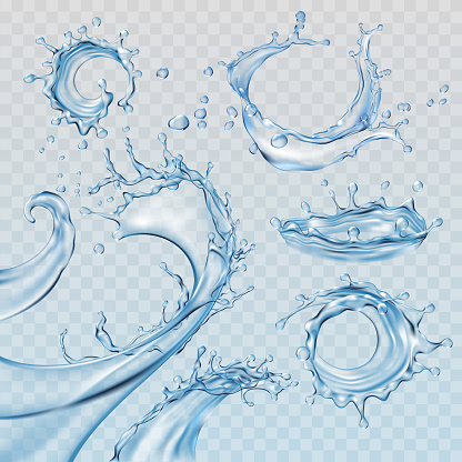 Set vector illustrations water splashes and flows, streams
