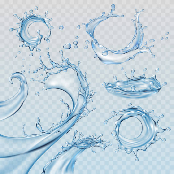 illustrazioni stock, clip art, cartoni animati e icone di tendenza di impostare illustrazioni vettoriali spruzzi e flussi d'acqua, flussi - water
