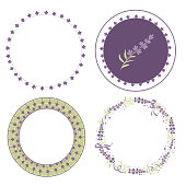 Set Vector lavender wreaths for design in the style of Provence, lavender flowers and objects to create a romantic gentle compositions.