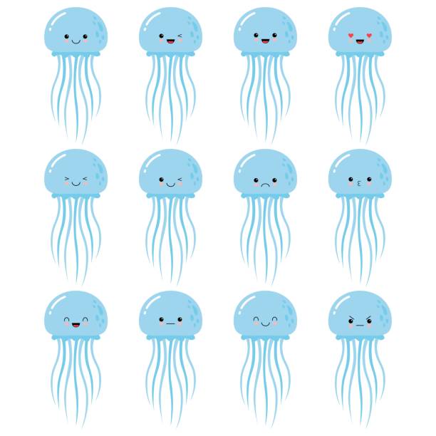 illustrazioni stock, clip art, cartoni animati e icone di tendenza di imposta illustrazioni stock vettoriali isolate emoji personaggio cartone animato meduse adesivi emoticon con emozioni diverse. - meduza