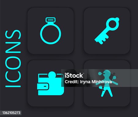 istock Set Voodoo doll, Magic stone ring, Old magic key and Wallet icon. Black square button. Vector 1362105273