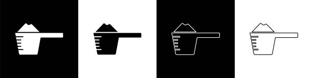 illustrazioni stock, clip art, cartoni animati e icone di tendenza di impostare il detersivo in un'icona del misurino isolata su sfondo bianco e nero. vettore - talco
