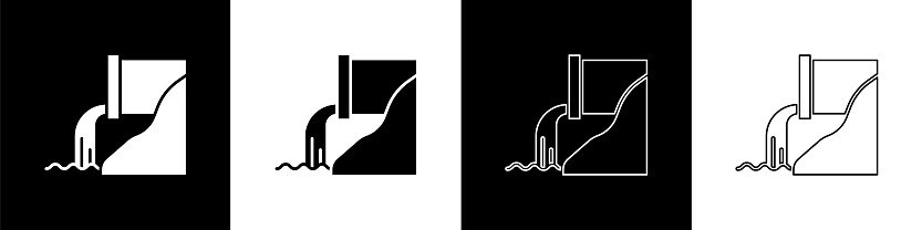 Set Wastewater icon isolated on black and white background. Sewer pipe. From the pipe flowing liquid into the river. Vector Illustration