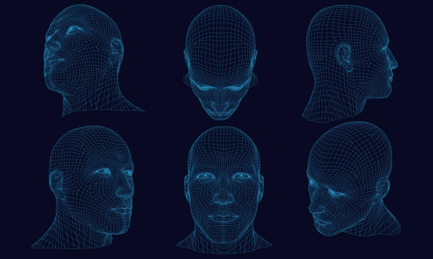 Set with a polygonal head of a man 3D Set with polygonal head of a man on a dark background. Wireframe of the head of a man from the blue lines. 3D. Detailed wireframe of the human head. Vector illustration. wire frame model stock illustrations
